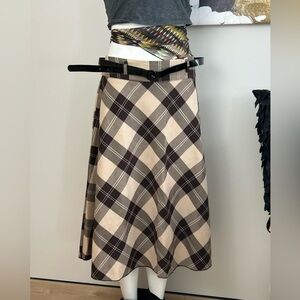 Plaid A-Line Midi Skirt in Brown and Cream/Gold Line w/Belt